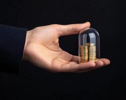 hand holding glass dome protecting stacked coins, symbolizing wealth and security photo
