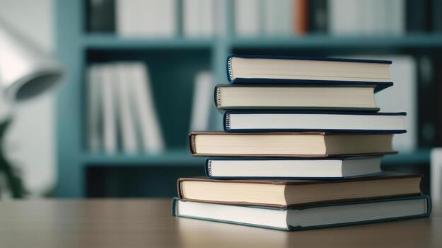 Stacked medical textbooks on desk with lamp, creating studious atmosphere photo
