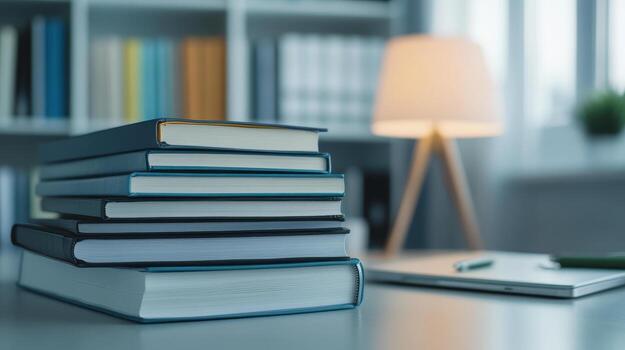Stacked medical textbooks on desk with lamp, creating cozy study atmosphere photo
