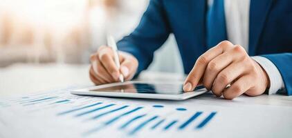 Businessman reviewing data on tablet, analyzing graphs and charts with focus photo