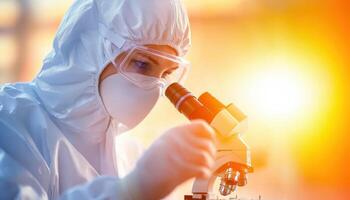 Medical researcher in protective suit examining samples under microscope, showcasing dedication and precision in scientific work photo