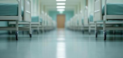 row of hospital beds in brightly lit ward, creating calm and sterile environment photo