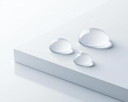 Clear water droplets resting on smooth white surface, creating serene and minimalist aesthetic photo
