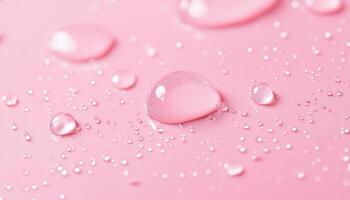 Delicate water droplets glisten on soft pink surface, creating serene atmosphere photo