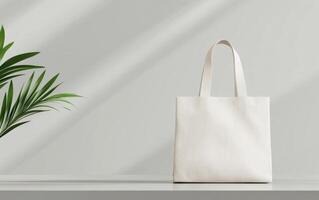 high angle view of reusable tote bag placed on table with plant in background, showcasing minimalist design and natural light photo