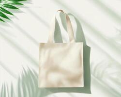 minimalist tote bag displayed on light background with soft shadows and green leaves, creating serene and stylish atmosphere photo