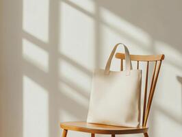 simple tote bag rests elegantly on wooden chair, illuminated by soft sunlight casting shadows on wall. This serene scene captures moment of minimalistic beauty photo