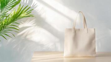 stylish tote bag placed on wooden table in modern interior, surrounded by soft shadows and greenery, creating serene atmosphere photo