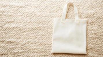 white s tote bag rests on textured beige surface, showcasing its simplicity and versatility. Perfect for everyday use or shopping photo