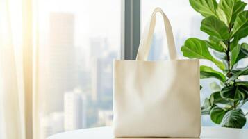 stylish tote bag placed on table in modern interior with city view. soft sunlight enhances serene atmosphere, making it perfect addition to any space photo