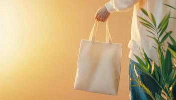 person casually carrying plain tote bag in warm, golden light setting, surrounded by greenery, evokes sense of tranquility and simplicity photo