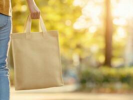 person holding beige tote bag in sunlit park, surrounded by greenery, evokes sense of tranquility and connection with nature photo