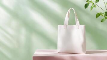 minimalist white tote bag on pastel pink surface with green background. soft shadows create serene atmosphere, perfect for modern decor photo