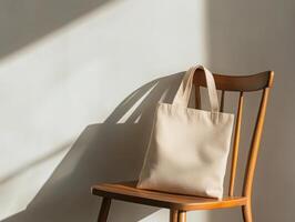 simple tote bag rests elegantly on wooden chair, casting soft shadows on wall. warm tones create serene atmosphere, perfect for showcasing minimalist design photo