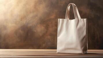 simple tote bag stands upright on wooden surface, showcasing its neutral color against warm, textured background. This versatile bag is perfect for everyday use photo