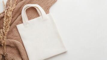 flat lay view of white s tote bag on textured background, surrounded by dried wheat. This minimalist composition evokes sense of calm and simplicity photo