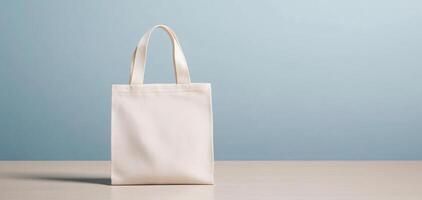 blank tote bag stands against soft blue background, showcasing its simple design and versatility. Perfect for everyday use or as gift photo