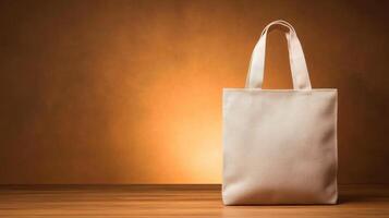simple tote bag stands upright on wooden surface against warm, glowing background, showcasing its versatility and style. Perfect for everyday use or shopping photo