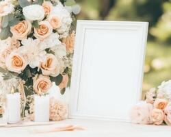 blank white frame mockup surrounded by romantic flowers and candles, creating serene outdoor setting perfect for special occasions photo