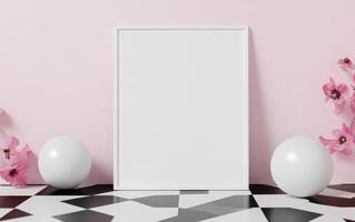 blank white frame mockup on patterned floor with pink flowers and spheres creates serene and modern atmosphere. Perfect for showcasing artwork or photography photo