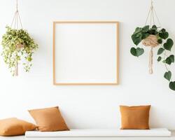 blank white frame mockup in minimalist yoga studio with hanging plants, creating serene atmosphere. Perfect for showcasing art or inspirational quotes photo