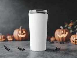blank white tumbler mockup stands prominently against dark background, surrounded by carved pumpkins and decorative bats, creating festive Halloween atmosphere photo