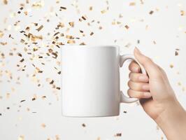 hand holds blank white mug surrounded by festive gold confetti, perfect for celebrations. This captures joy and excitement, ideal for various occasions photo