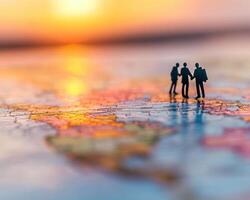 Miniature figures shaking hands on map during sunset, symbolizing partnership and global connections photo