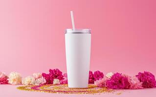 sleek white tumbler stands against pink background, surrounded by vibrant flowers and sparkling decorations, creating cheerful and inviting atmosphere photo