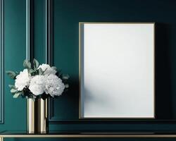 blank white frame mockup on green wall with vase of white flowers, creating serene and elegant atmosphere. Perfect for showcasing art or photography photo