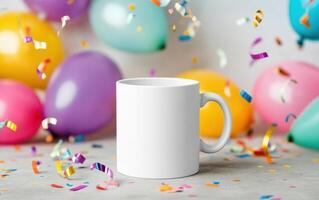 blank white mug surrounded by colorful balloons and confetti, perfect for celebrations and events. This mockup showcases festive atmosphere ideal for personalized designs photo
