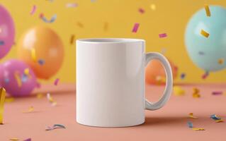 blank white mug stands prominently against vibrant background filled with colorful balloons and confetti, perfect for celebrations photo