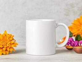 blank white mug surrounded by vibrant flowers and decorative elements, perfect for showcasing designs or branding. Ideal for personal or commercial use photo