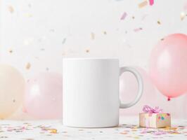 blank white mug surrounded by festive decorations, balloons, and confetti, perfect for celebrations and personalizing photo
