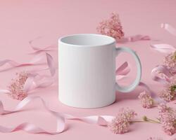 blank white mug surrounded by pink flowers and ribbons, perfect for showcasing designs or branding. Ideal for mockups and presentations photo