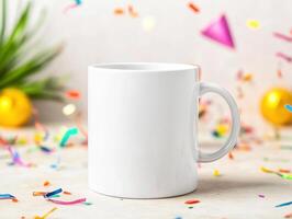 blank white mug surrounded by colorful confetti and festive decorations, perfect for showcasing designs or branding. Ideal for celebrations and events photo