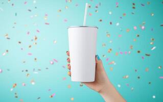 hand holding blank white cup with straw against colorful confetti background, creating festive and vibrant atmosphere photo