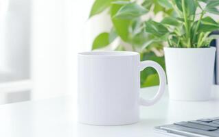 minimalist blank white mug on clean desk with green plant in background creates serene workspace atmosphere photo