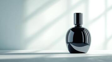 Elegant oval shaped bottle with glossy finish, perfect for modern luxury. soft shadows create serene atmosphere, enhancing its sophisticated design photo