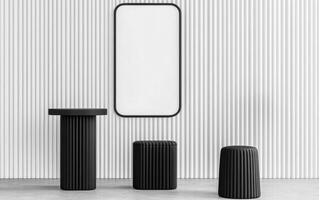 Modern black furniture with blank frame on textured wall photo