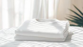 neatly folded white t shirt on soft surface, illuminated by natural light, creating serene atmosphere. shadows cast by nearby plants add touch of elegance photo