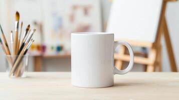 blank white mug sits on wooden table in artist studio, surrounded by paintbrushes and easels, inviting creativity and inspiration photo