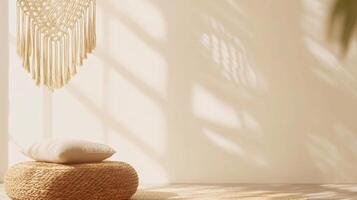 cozy interior scene featuring woven pouf, soft pillow, and macrame wall hanging casting gentle shadows on light wall. warm tones create serene atmosphere photo