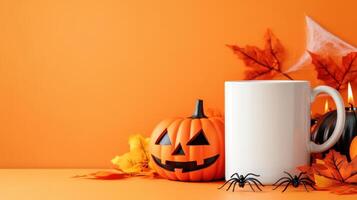 blank white mug surrounded by Halloween decorations, including carved pumpkin, autumn leaves, and spiders, set against orange background photo
