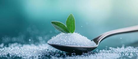 single stevia leaf on vintage spoon surrounded by sugar crystals, creating fresh and natural aesthetic. This captures essence of sweetness and health photo