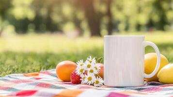 blank white mug on picnic blanket surrounded by fruits and flowers, evoking cheerful outdoor atmosphere. Perfect for enjoying sunny day photo