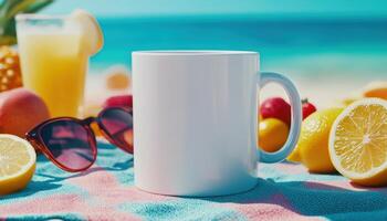 blank white mug sits on colorful beach towel surrounded by fresh fruits like lemons, apples, and refreshing drink, evoking sunny, relaxed summer vibe photo