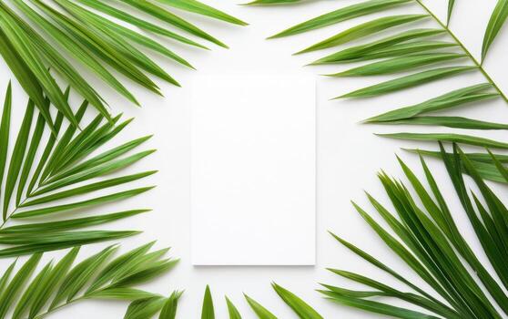 blank frame surrounded by tropical palm leaves creates serene and inviting atmosphere, perfect for showcasing art or messages photo