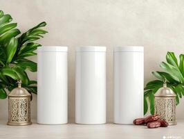 Three white cylindrical containers with decorative lanterns and dates, surrounded by green leaves, create serene and elegant atmosphere photo