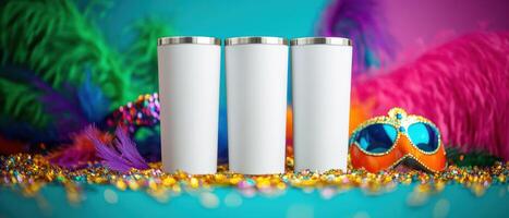 Blank white tumblers arranged on colorful background with vibrant feathers and festive decorations, perfect for celebrations and parties photo